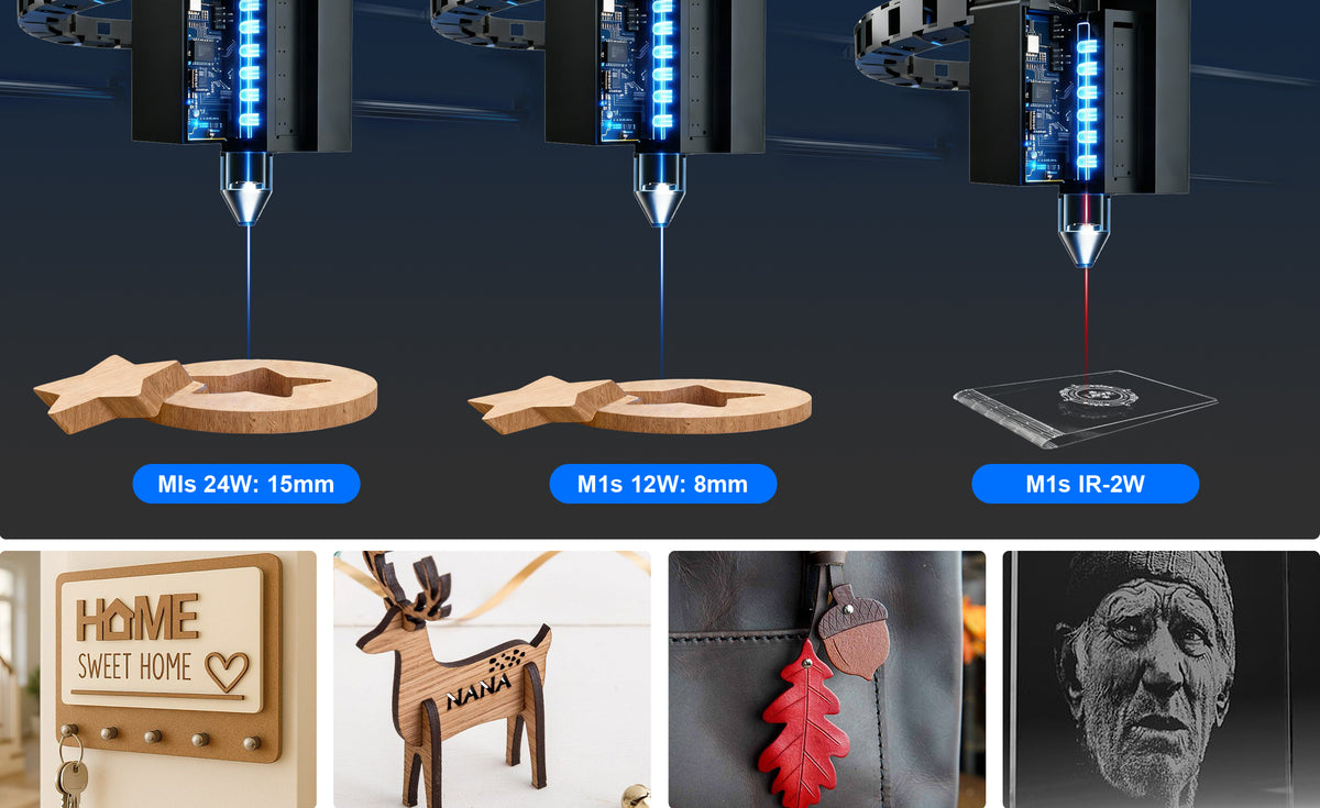 This 12W laser delivers powerful output for cleaner, crisper wood cutting with significantly less carbonization than other lasers. It supports intricate engraving of complex patterns and text, suitable for diverse materials and industries. Whether cutting 8mm-thick wood, kraft paper, leather, or precision metals, the M1s handles it effortlessly.